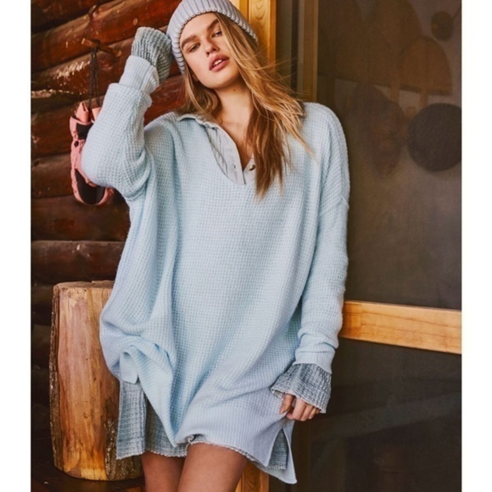 Free People Cozy Pullover Women Sweater Tunic Light Blue Oversized Split Hems
